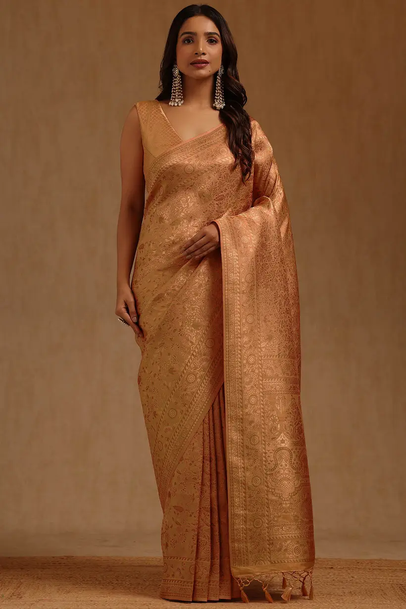 peach tussar floral zari woven saree womens soch